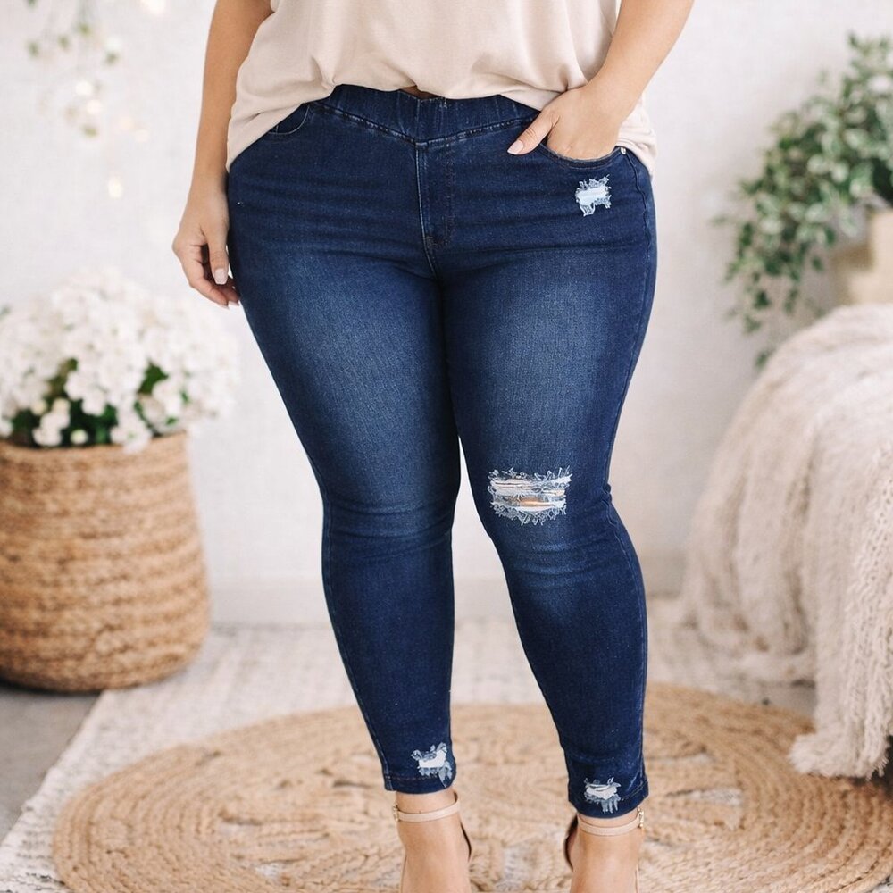 Distressed Dark Denim Skinny Stretch Jeggings